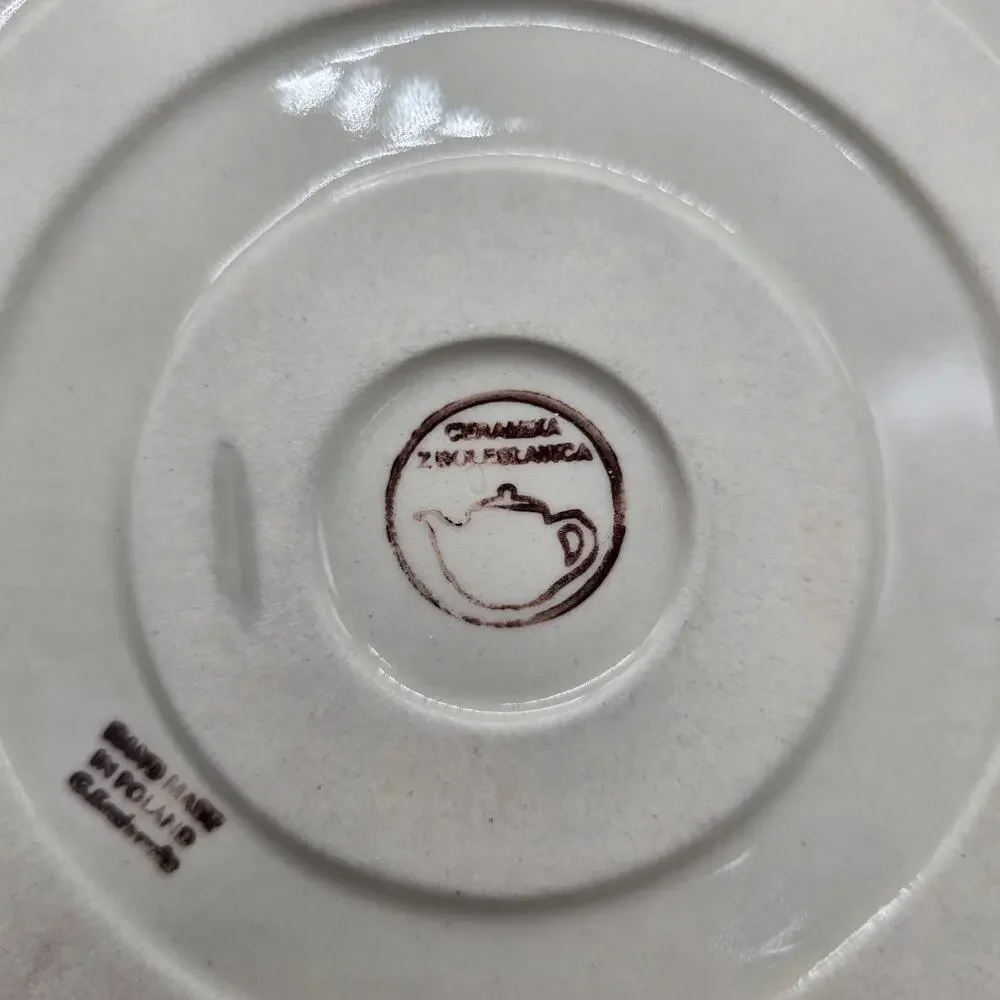 Vintage Polish Pottery Pie Plate Dish Handles Evergreen Trees Snowflakes Poland